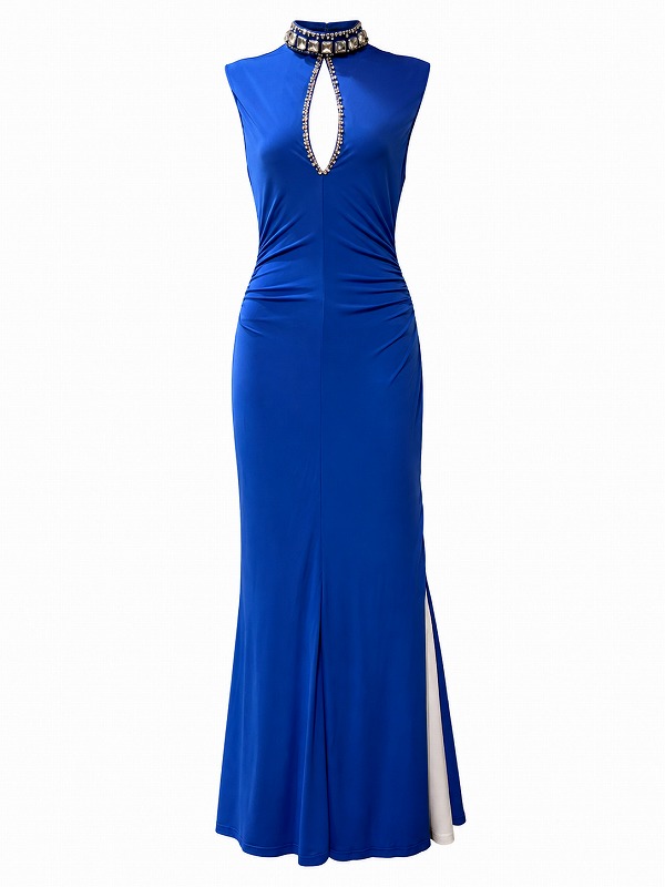 【新品DRESS 3385】ネックビジューバストカットタイトロングドレス ブルー【KAREN MILLEN】